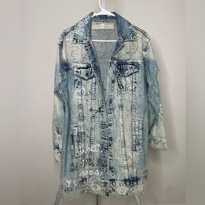 Oversized Denim Distressed Jacket with Graphic Details